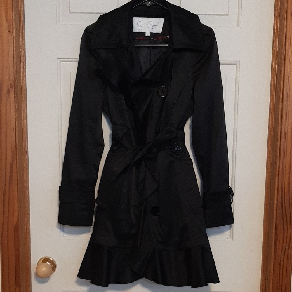Jessica Simpson Classic Black Satin Trench Coat with Ruffles and Belt